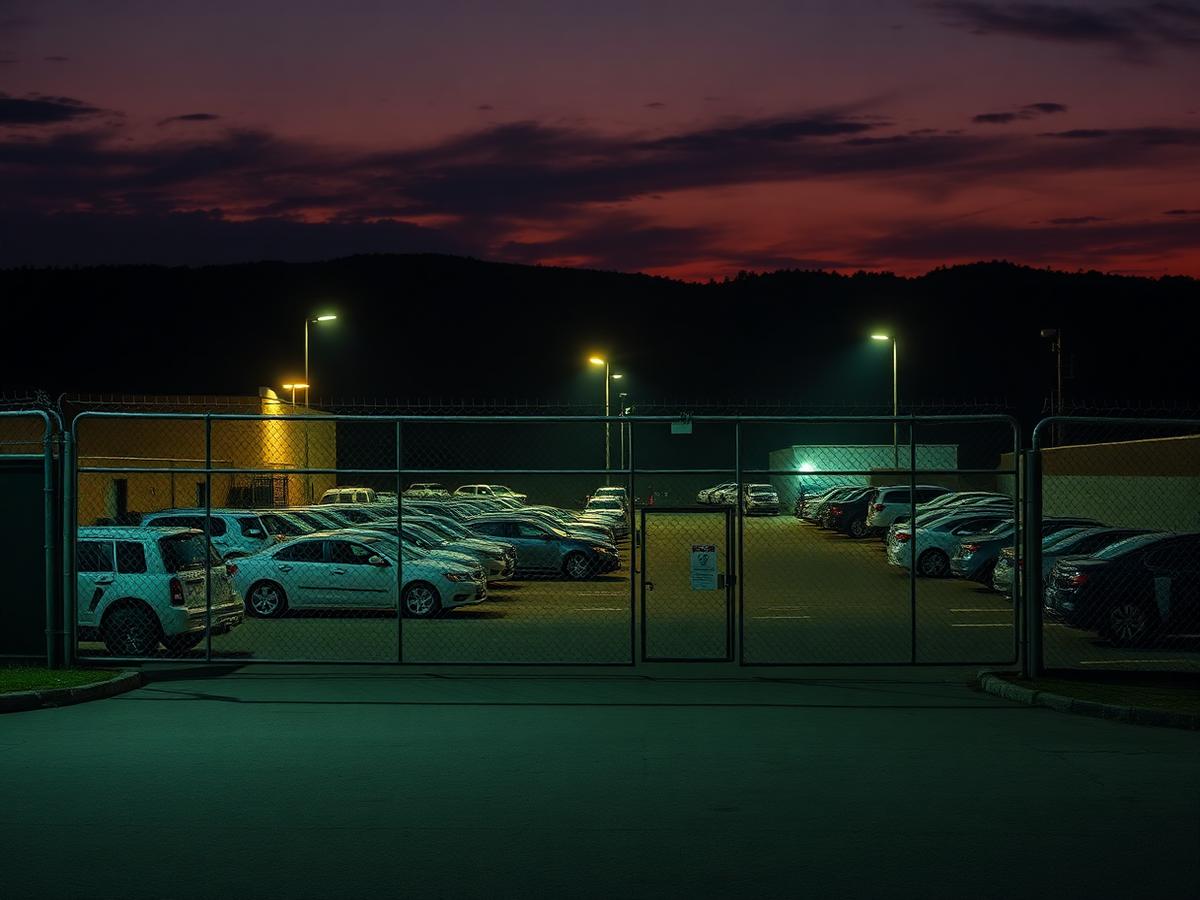 Secure impound and storage yard at night